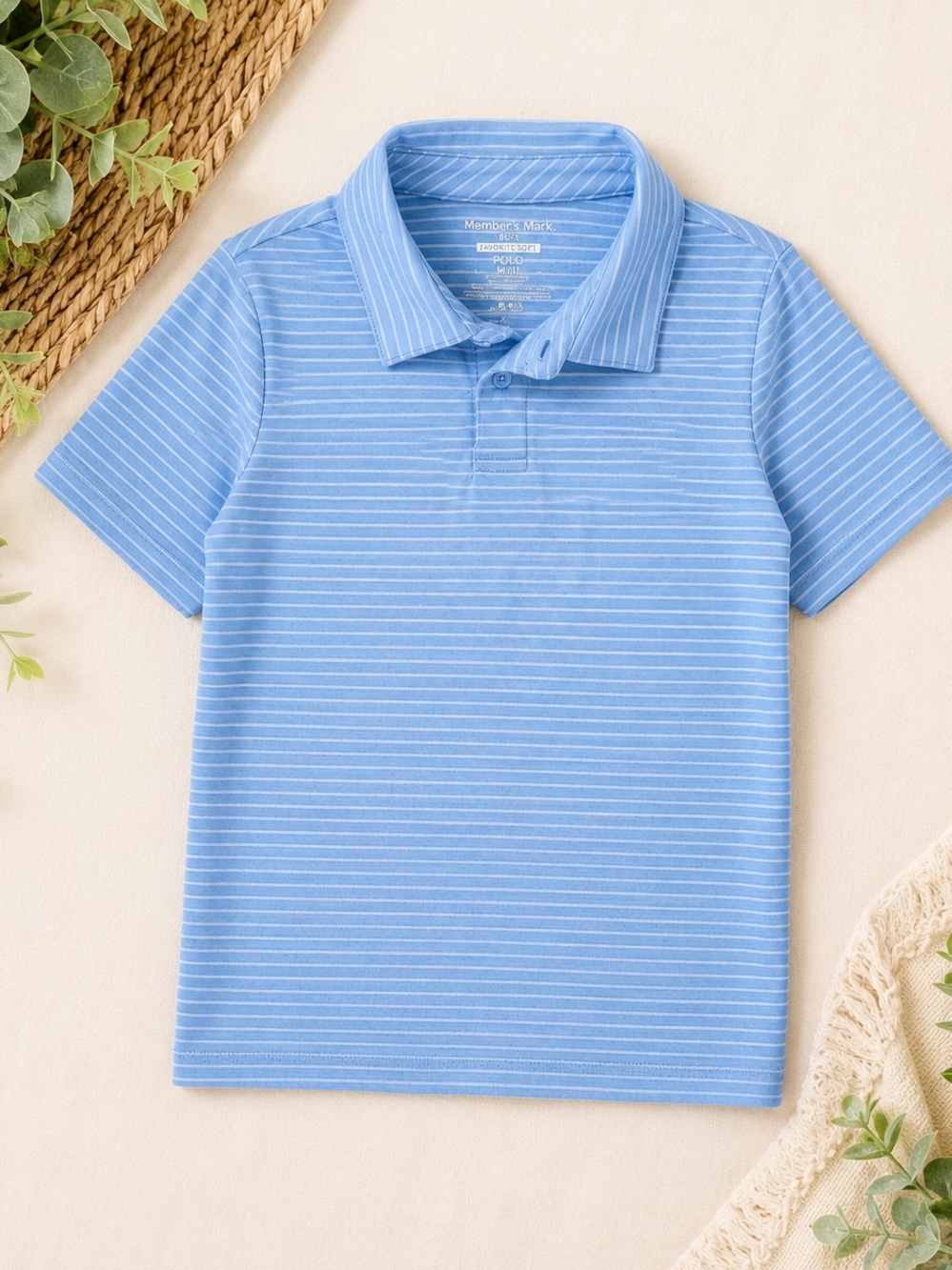 New Members Mark Boys Light Blue Striped Polo Dress Shirt Classic Collar Medium